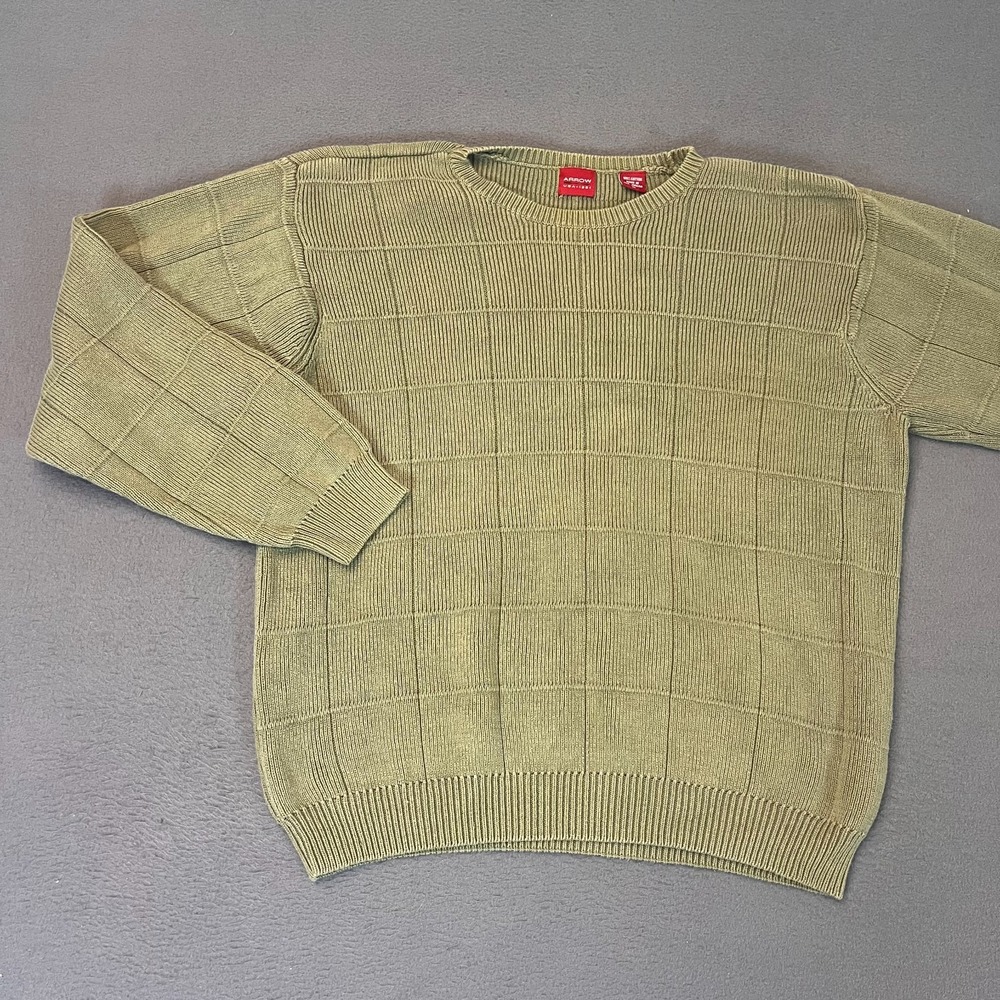 Arrow Mens Medium Windowpane Sweater Olive Green 100% Cotton Heavyweight Grandpa